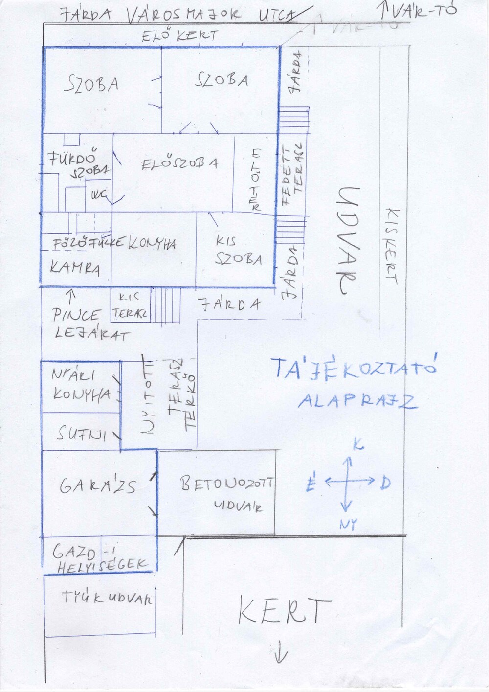 Tájékoztató alaprajz a házról, az udvarról és a melléképületekről